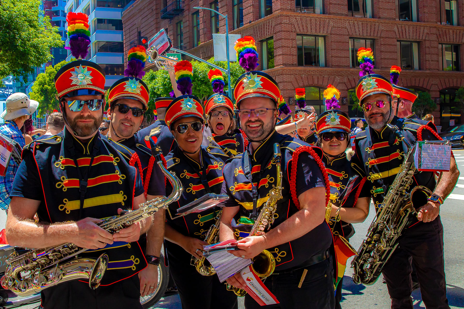 Freedom Band brass section marching in formation